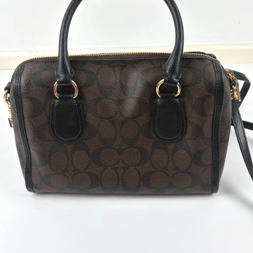 Coach Signature Brown Black Satchel Crossbody Bag Matching Wallet Gold Hardware
